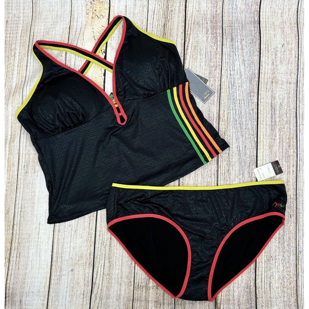 NEW Coogi Tankini Swimsuit Womens Plus Size 3X Black Multi‎ 2 Piece MSRP $158